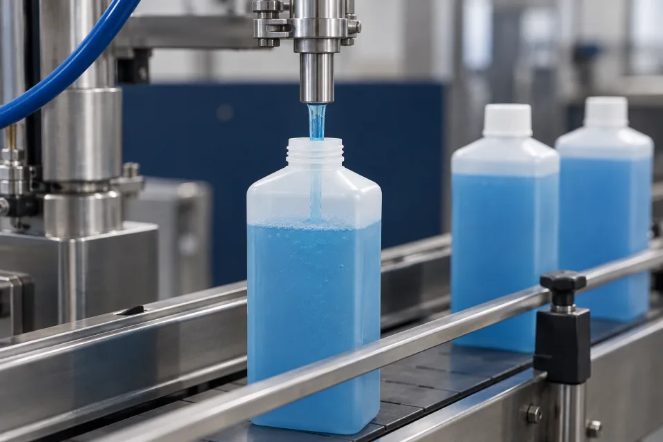 Illustration of blue liquid being filled into unlabelled bottles on a production line