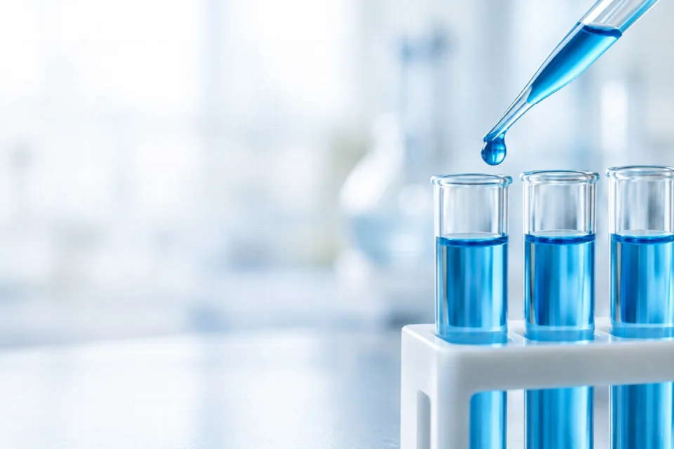 Illustration of blue formulation samples in laboratory glassware