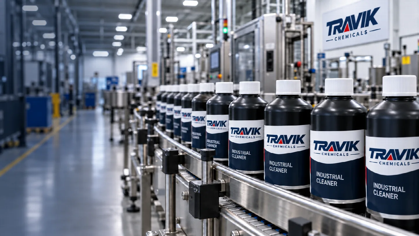Concept illustration of Travik-labelled industrial cleaning products on a packaging line
