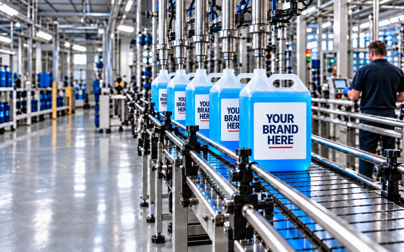 Illustration of blue cleaning product containers with Your Brand Here labels on a bottling line