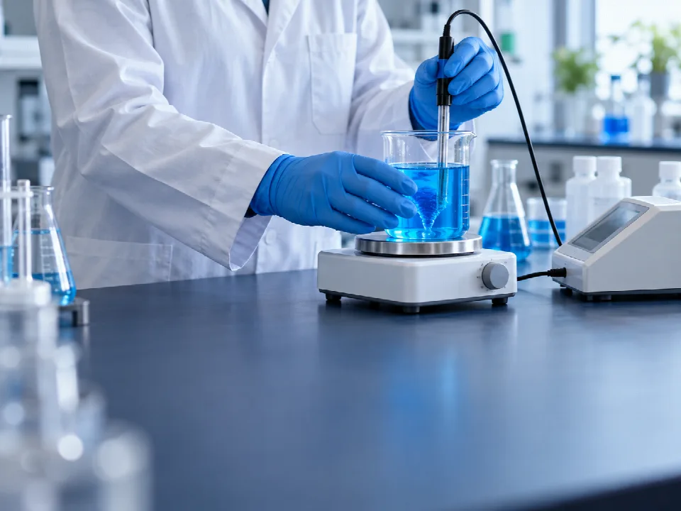 Laboratory illustration of blue-gloved hands testing a blue liquid formulation with an electrode
