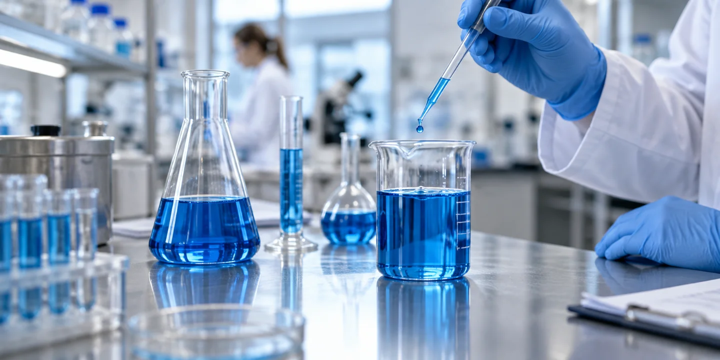 Illustration of blue cleaning formulations in laboratory glassware