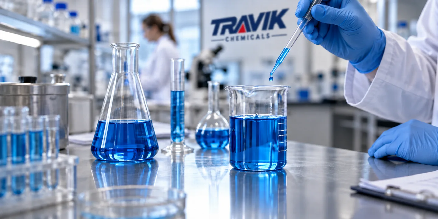 Illustration of blue cleaning formulations being tested in a Travik-branded laboratory