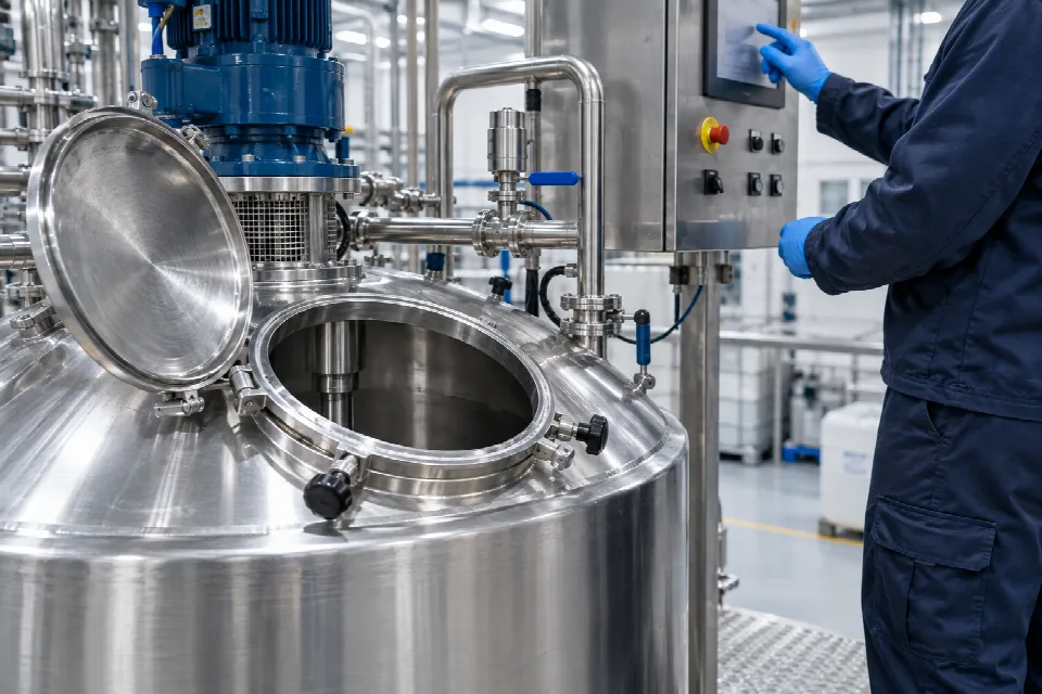 Illustration of a production operator working beside a stainless steel mixing vessel