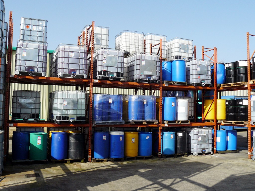 Archive photograph of the storage racking, IBC containers and drums at Travik