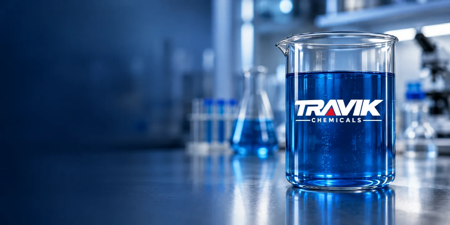 Illustration of a Travik Chemicals beaker containing blue cleaning formulation