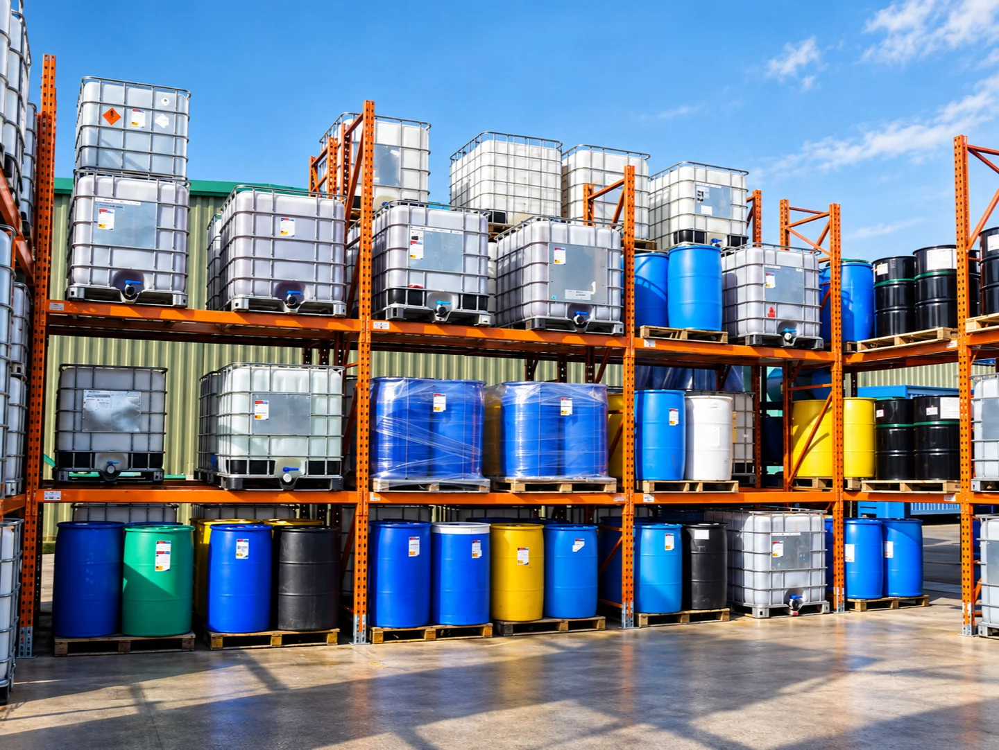 IBC containers and coloured chemical drums arranged on outdoor storage racks