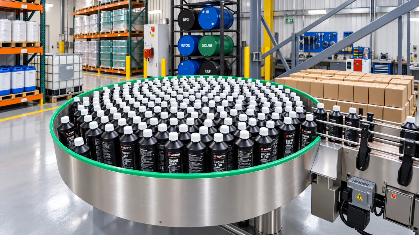 Bottled cleaning products moving through a packaging line