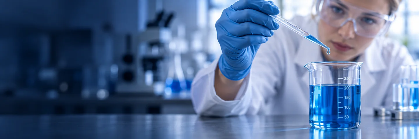 Laboratory illustration of a scientist using a pipette above a beaker of blue liquid