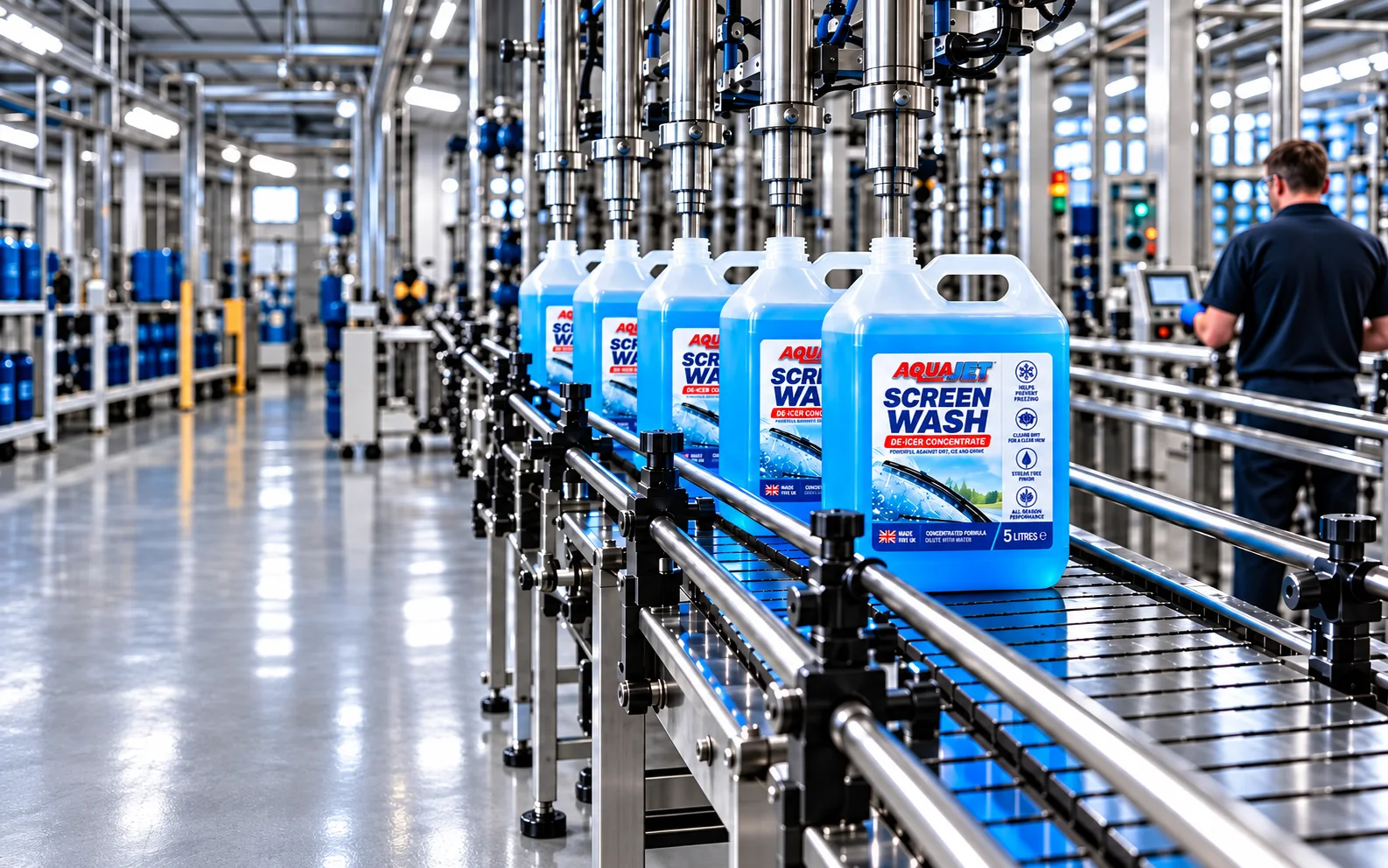 Illustration of Aquajet screen wash containers being filled on a bottling line