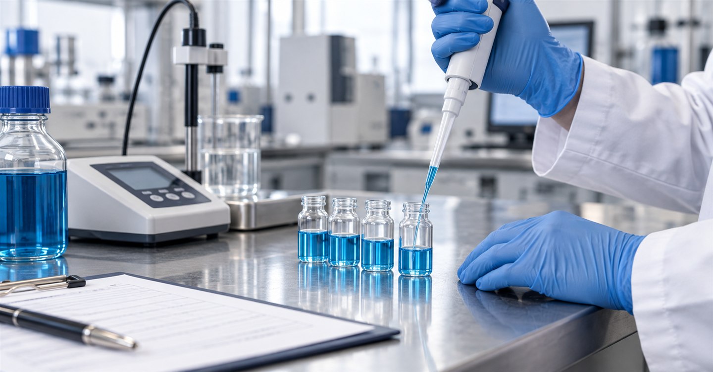 Illustration of laboratory quality-control testing on blue cleaning liquid samples