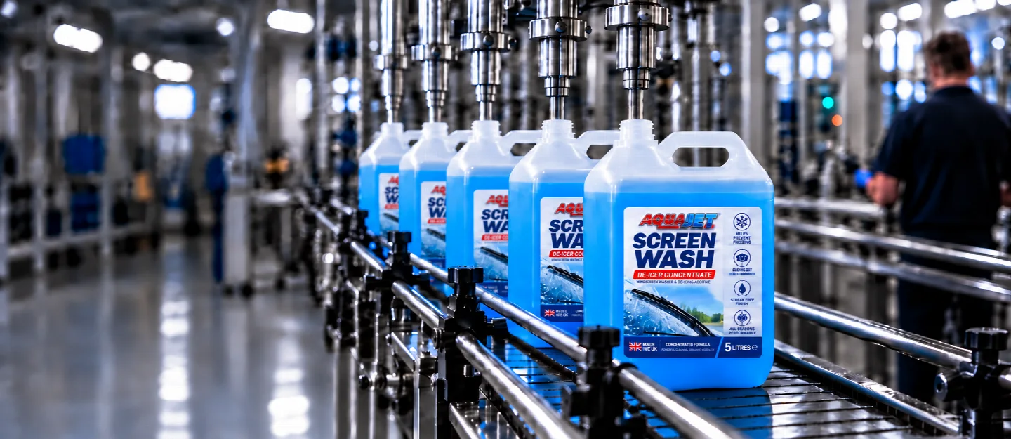 Aquajet screen wash products moving through a modern bottling line