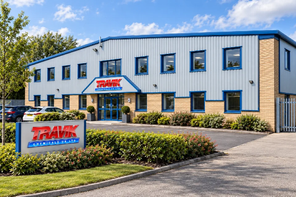 Travik Chemicals building with blue trim and Travik signage